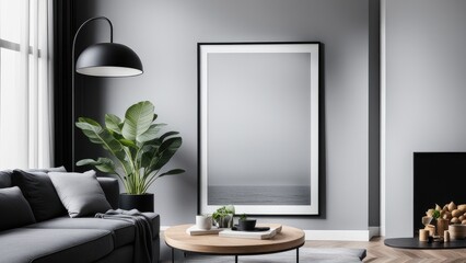 interior poster mockup with vertical black frame on home interior background