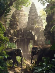 Aufkleber - Elephants stroll amid towering ancient temple ruins enveloped in a dense jungle during the golden hour, with soft light filtering through the trees. Generative AI