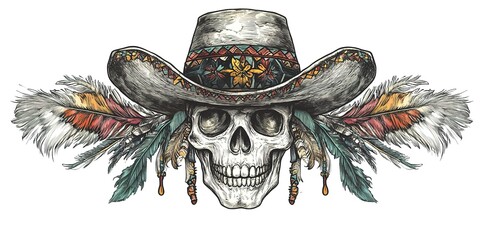 Canvas Print - Skull with mexican hat, feathers and skull tattoo art design on white background. 