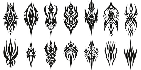 tribal tattoo designs set. a collection of symmetrical black ink tribal patterns suitable for tattoo
