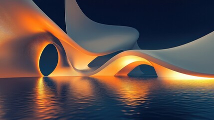 Wall Mural - Abstract architectural form with flowing lines and organic shapes illuminated at night