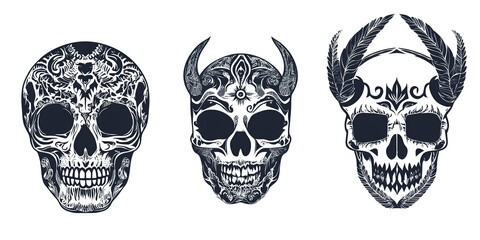 Poster - modern tribal tattoo skulls, abstract line art of mythological creatures, fantasy, minimalist contour. Vector