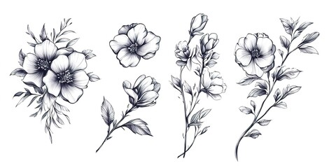 Wall Mural - Set of sketch of a tattoo black blooming flowers in a bouquet and on branches on a white background 