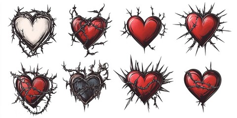 Wall Mural - isolated set of yk hearts burning from chains barbed wire cracks thorny bushes hearts in different styles old tattoo style yk acid.image illustration