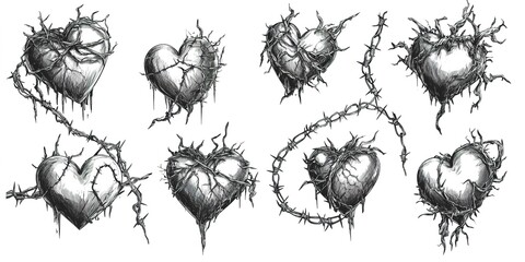 Poster - isolated set of yk hearts burning from chains barbed wire cracks thorny bushes hearts in different styles old tattoo style yk acid.image illustration