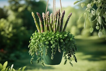 3d rendering of asparagus densiflorus hanging plant in lush natural setting