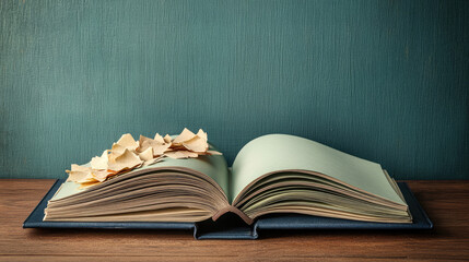 Open Book with Dried Leaves on a Wooden Table