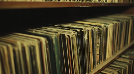 Black vinyl record collection on a shelf, vintage and cherished, music lover's treasure