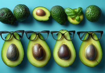 Avocado with Glasses on a Blue Background