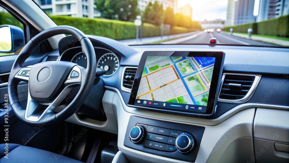 Modern sleek car's onboard computer system displaying real-time traffic ...