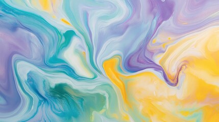 Abstract fluid art with vibrant swirls of yellow, blue, purple, and green creating a dreamy background , ai