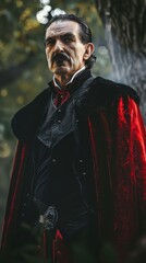 A man in a Dracula costume poses with a serious expression amidst autumn foliage, embodying the iconic vampire character