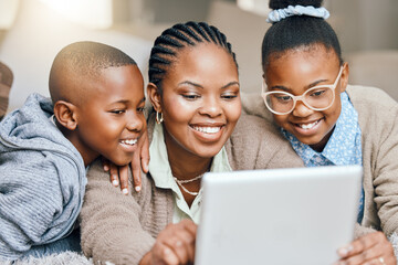 Poster - Home, mother and kids with tablet, black family and typing with connection, internet and social media. African people, single parent or mama with children, tech or online reading with ebook for story