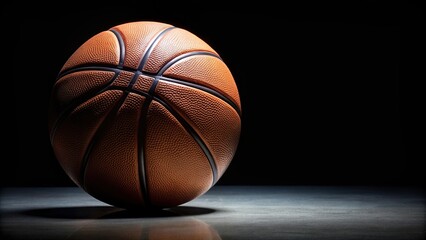 Wall Mural - A close up of a basketball lying on a black panoramic background with empty space at eye level, panoramic, sports, empty space, close-up, competition, game, texture, sports equipment