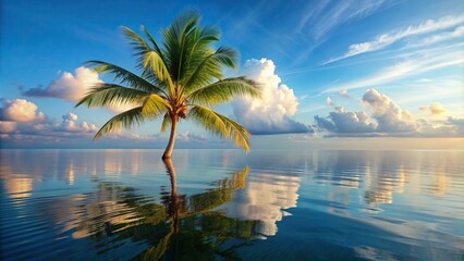 Wall Mural - sunrise, blue, serene, sky, beach,palm tree, beauty, picturesque, Palm tree swaying gracefully against the mesmerizing backdrop of a serene sea and sky creating a stunning reflection