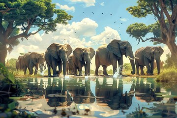 Poster - Elephants gather near the water, splashing and drinking under a bright sky surrounded by trees in a vibrant setting. Generative AI