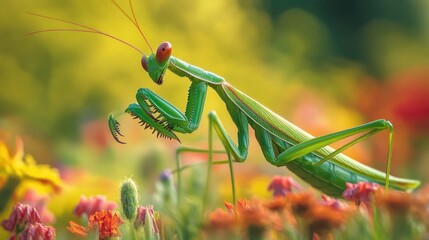 Wall Mural - Green Praying Mantis in a Field of Flowers