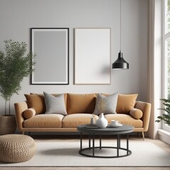 poster frame mock-up on modern living room interior. minimalist fucnitures