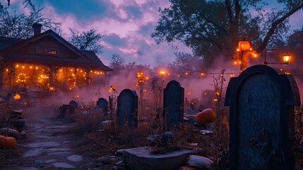 Wall Mural - A Spooky Halloween Scene with a Haunted House and Graveyard