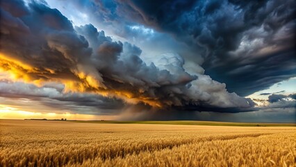 Wall Mural - landscape, dramatic, nature landscape., dark clouds, harvest, dark, sky, powerful nature, overcast, A menacing black thunderstorm cloud hovers above a vast golden wheat field at eye level