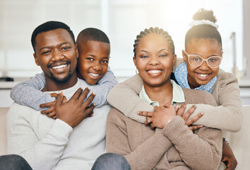 Poster - Portrait, black family and hug with love on sofa for weekend bonding, relax together and peace of childhood comfort. Happy, parents and children with embrace for security, relationship care and house