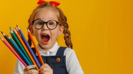 School child in glasses in school uniform holds colored pencils. Banner. emotional surprise face