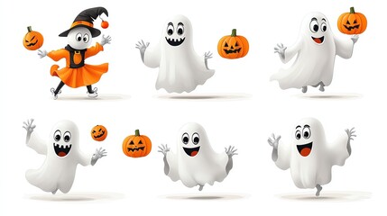 Playful cartoon ghosts and a witch with pumpkins, perfect for Halloween themed designs and festive decorations.