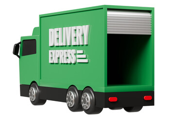 Wall Mural - 3D Green Truck delivery express car icon on isolated purple background. Online shopping, E-commerce and Send a parcel delivery service concept. Minimal Cartoon Van truck logistic icon. 3d render.