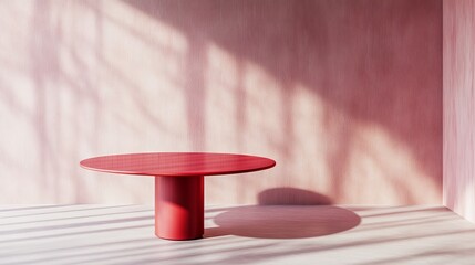 Wall Mural - Red round table in a minimalist pink