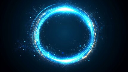 Abstract glowing blue and gold circle with sparkles on a dark background.