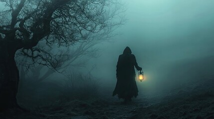 Wall Mural - A hooded figure walks through a misty forest, holding a lantern.