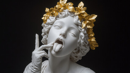 Playful marble statue of a woman with a golden wreath