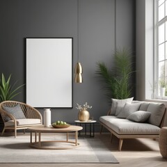 poster frame mock-up on modern living room interior. minimalist fucnitures