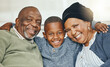 © Flashizzle/peopleimages.com - African, hug and portrait with family on sofa in living room of home together for bonding. Happy, love or smile with senior grandparents and boy child in apartment for development, visit or wellness