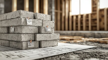 Wall Mural - stack of concrete foundation blocks with price tags attached. partially constructed foundation wall 