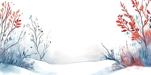 Wall Mural - Watercolour illustration of late winter on white background, empty space in the center