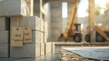 Wall Mural - stack of concrete foundation blocks with price tags attached. partially constructed foundation wall 