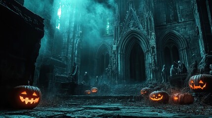 Spooky Pumpkins in Front of a Gothic Cathedral at Night