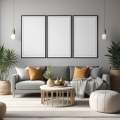 poster frame mock-up on modern living room interior. minimalist fucnitures