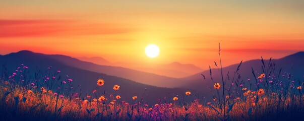 Canvas Print - Sunset over mountain landscape with wildflowers in