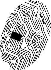 Poster - Computer digital fingerprint with chipset on circuit board, vector technology. Fingerprint with computer chip and circuit board pattern for digital biometric identification and identity verification