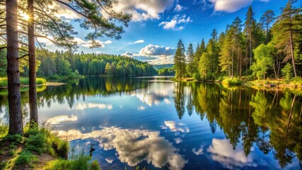 Wall Mural - peacefulness., calming, beauty, harmony,forest, idyllic, woods, peaceful, outdoors, serene, A serene forest landscape with a panoramic view of a calm lake surrounded by trees