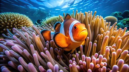 diving, tropical, symbiotic relationship, coral reef, aquatic life, A photo of a clown fish swimming among the tentacles of a vibrant marine anemone creating a stunning fisheye perspective