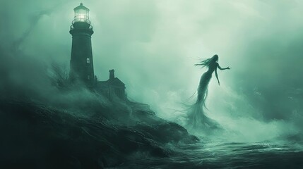 Canvas Print - Ethereal Mermaid Emerging from the Foggy Sea Near a Lighthouse