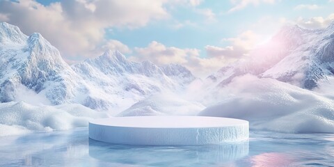 Sticker - Ice podium background snow winter for cosmetic product platform cold mountain 3D. 