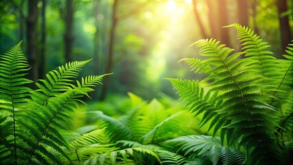 Canvas Print - Green ferns in a lush forest with a blurred background, foliage, nature, greenery, plants, forest, lush, growth