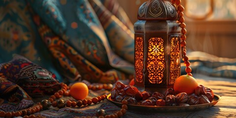 Wall Mural - Vintage Arabian Lantern with Islamic Prayer Beads Oriental Holiday Decor with Dates Fruits