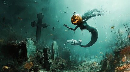 Canvas Print - A Mermaid with a Jack-o'-Lantern Head in an Underwater Graveyard