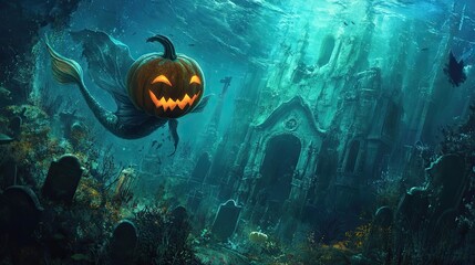 Canvas Print - Underwater Pumpkin Mermaid in a Sunken Graveyard