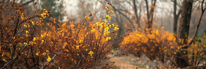 Poster - Ornamental witch hazel shrubs featuring red ribbon-shaped flowers and yellow blossoms with purple-red calyxes on bare branches arranged in a picturesque setting.